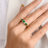18K Gold Emerald Diamond Halo Trinity Ring - vrjewels-us
