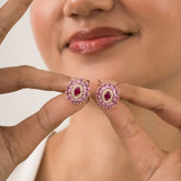 14K Gold Natural Pink Sapphire & Ruby Contemporary Stud Earrings