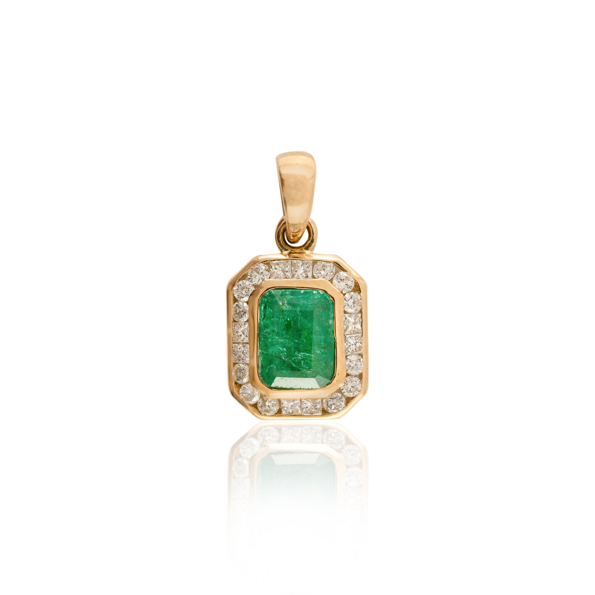 Contemporary Emerald Halo Diamond Pendant 14k Gold