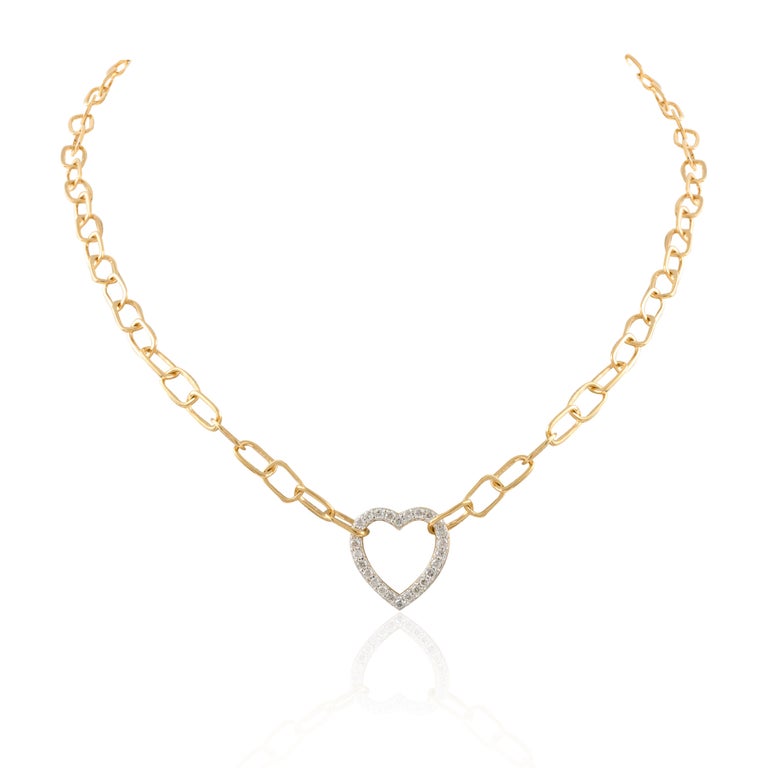 Paperclip Chain Diamond Heart Necklace 18K Gold