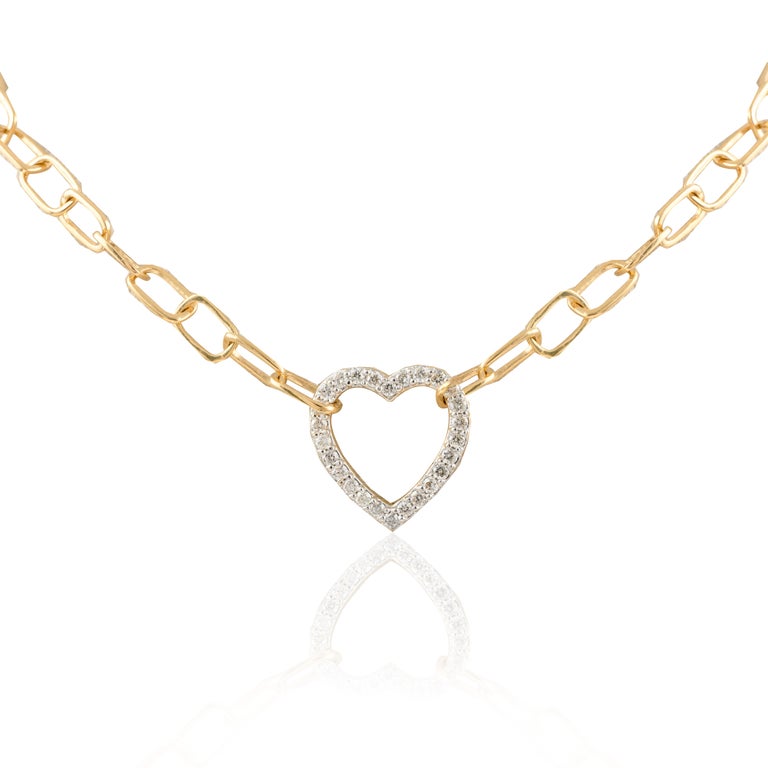 Paperclip Chain Diamond Heart Necklace 18K Gold Image