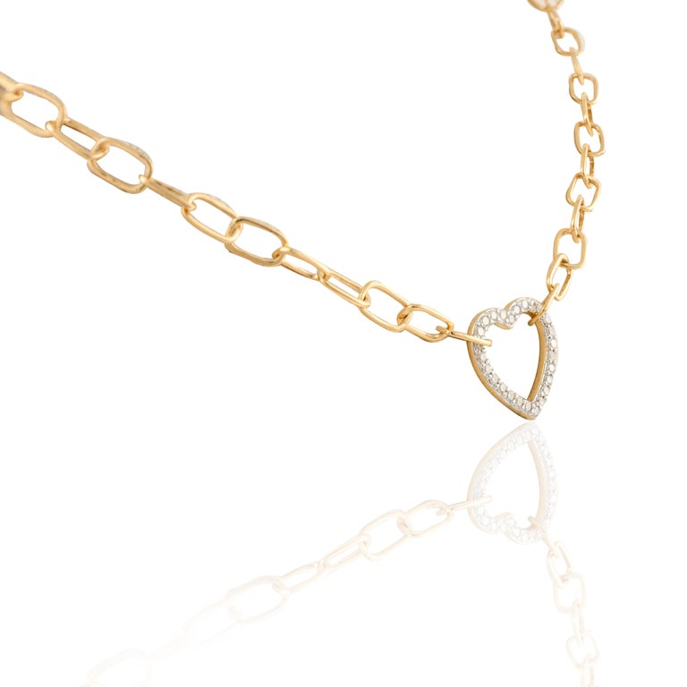 Paperclip Chain Diamond Heart Necklace 18K Gold Image