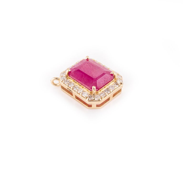 18k Octagon Cut Precious Ruby Halo Diamond Pendant Image