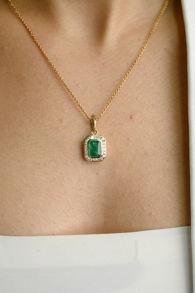 Contemporary Emerald Halo Diamond Pendant 14k Gold Image