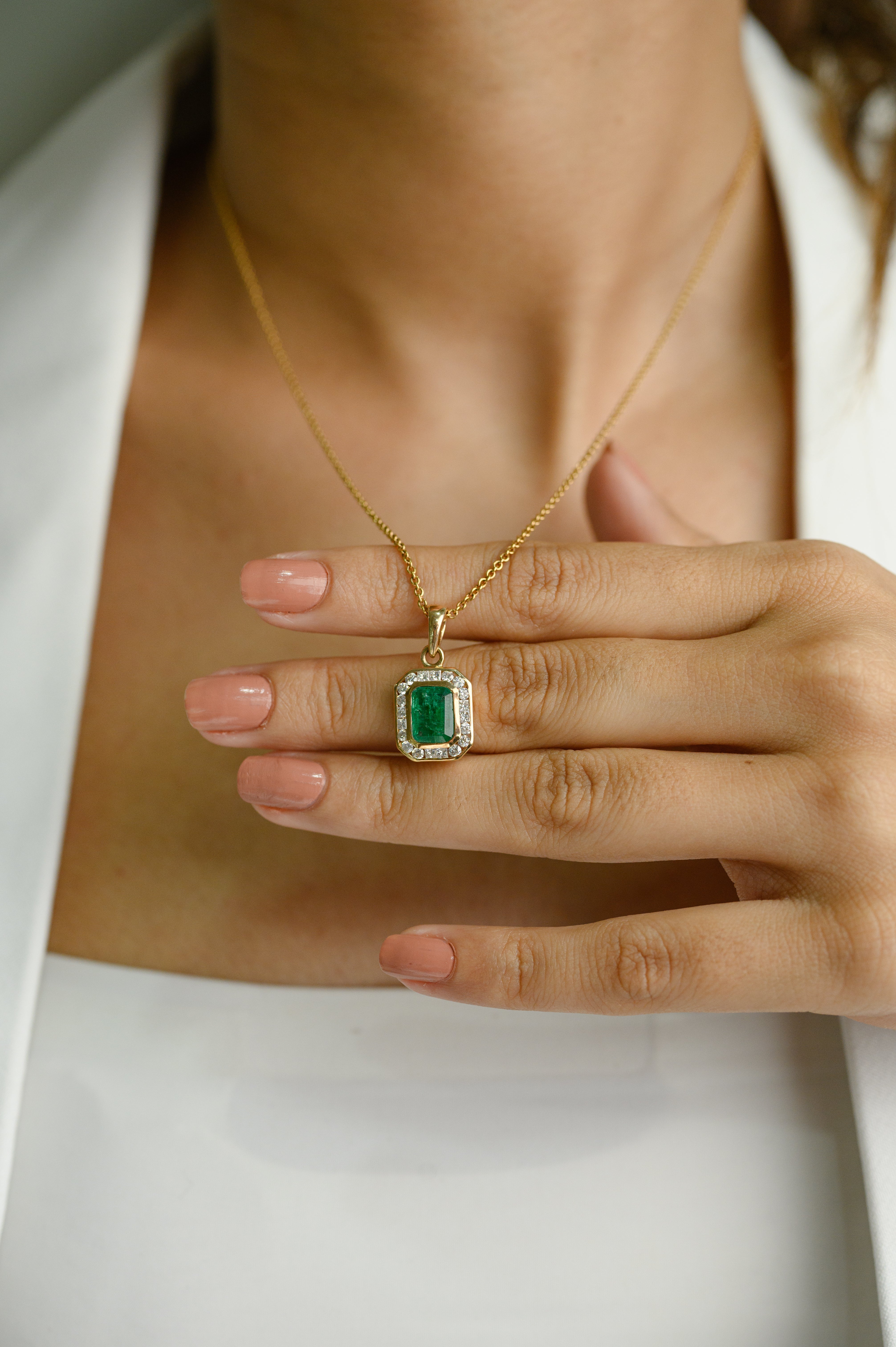 Contemporary Emerald Halo Diamond Pendant 14k Gold