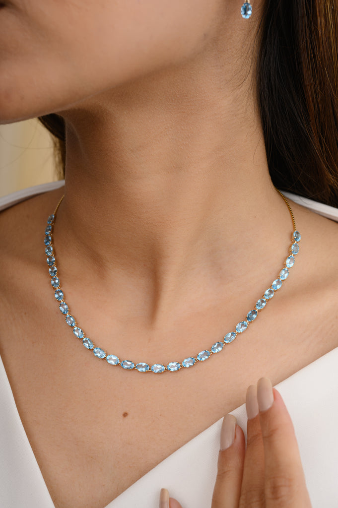 Natural Blue Topaz Gemstone Necklace and Earrings Set Image