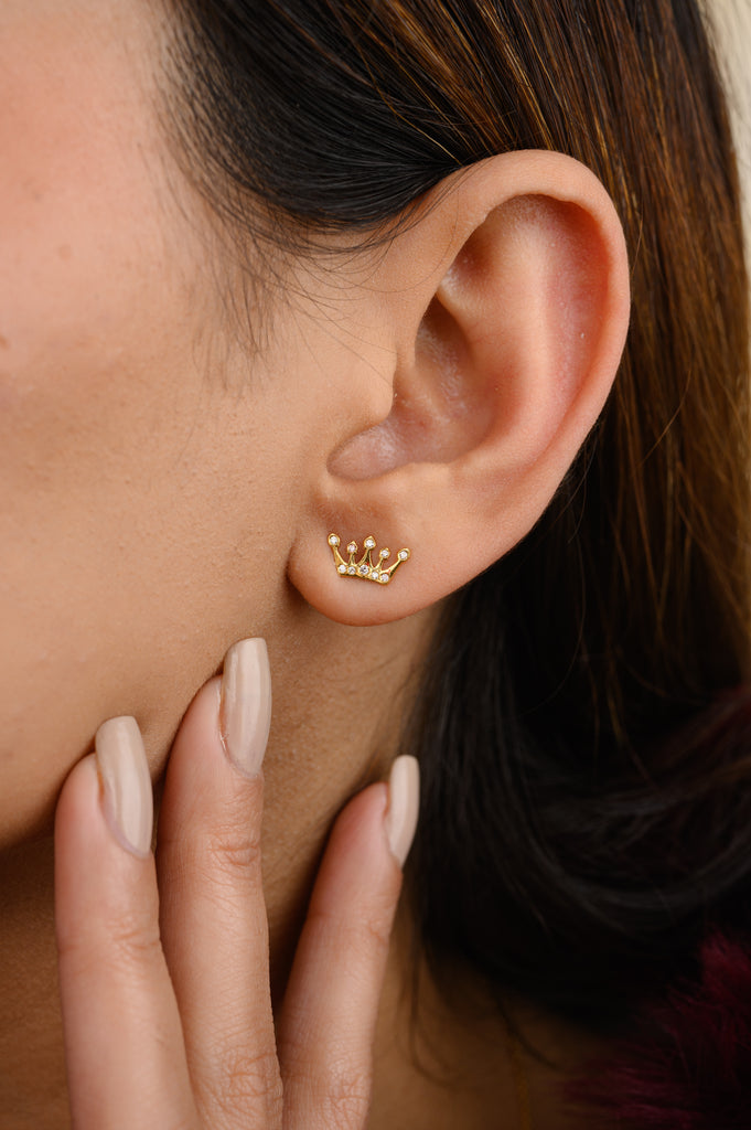14K Gold Natural Diamond Crown Stud Earrings Image