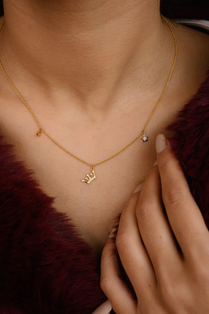 14k Gold Genuine Diamond Crown Chain Necklace Image