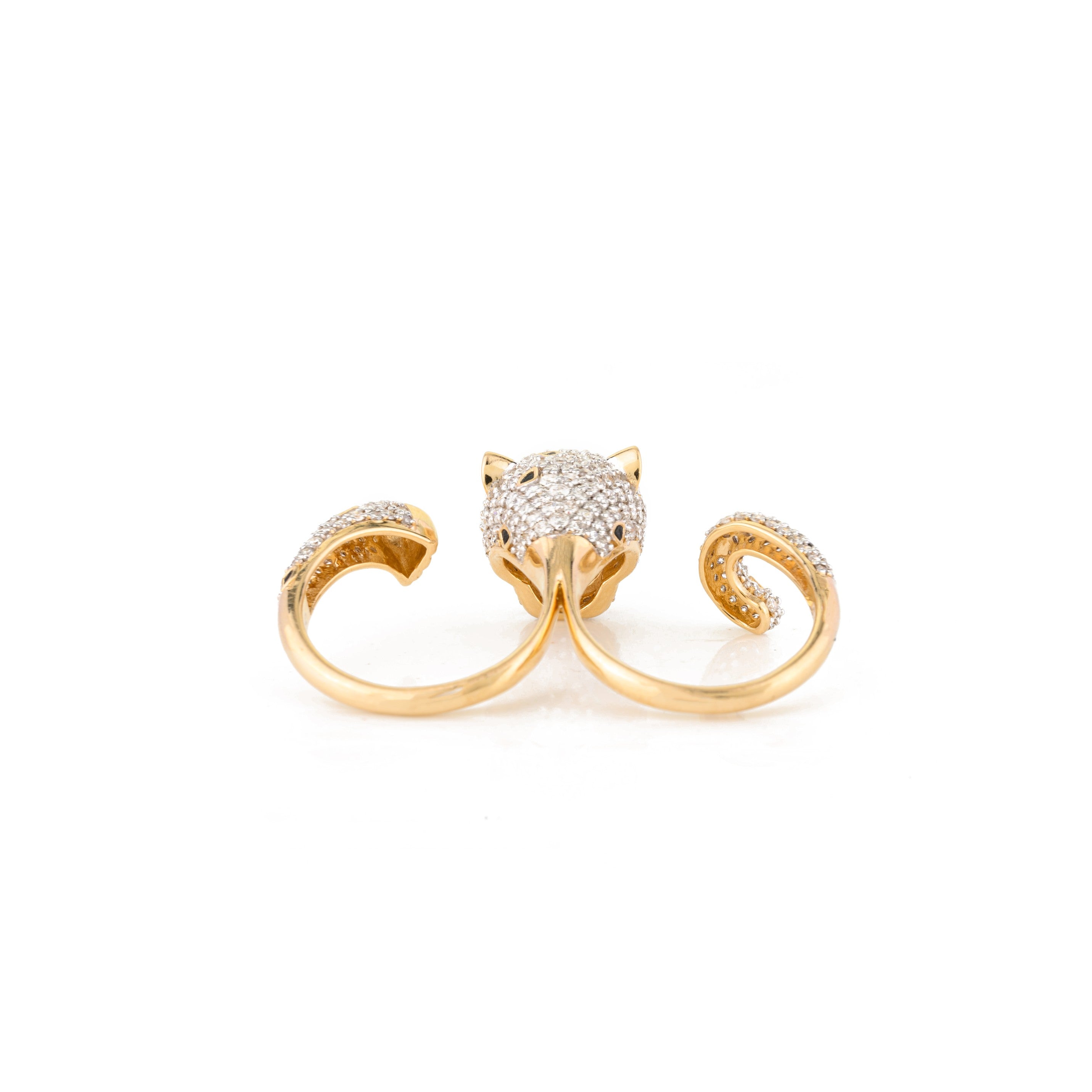 18K Solid Yellow Gold 2.06 Cts Diamond Panther Double Finger Ring