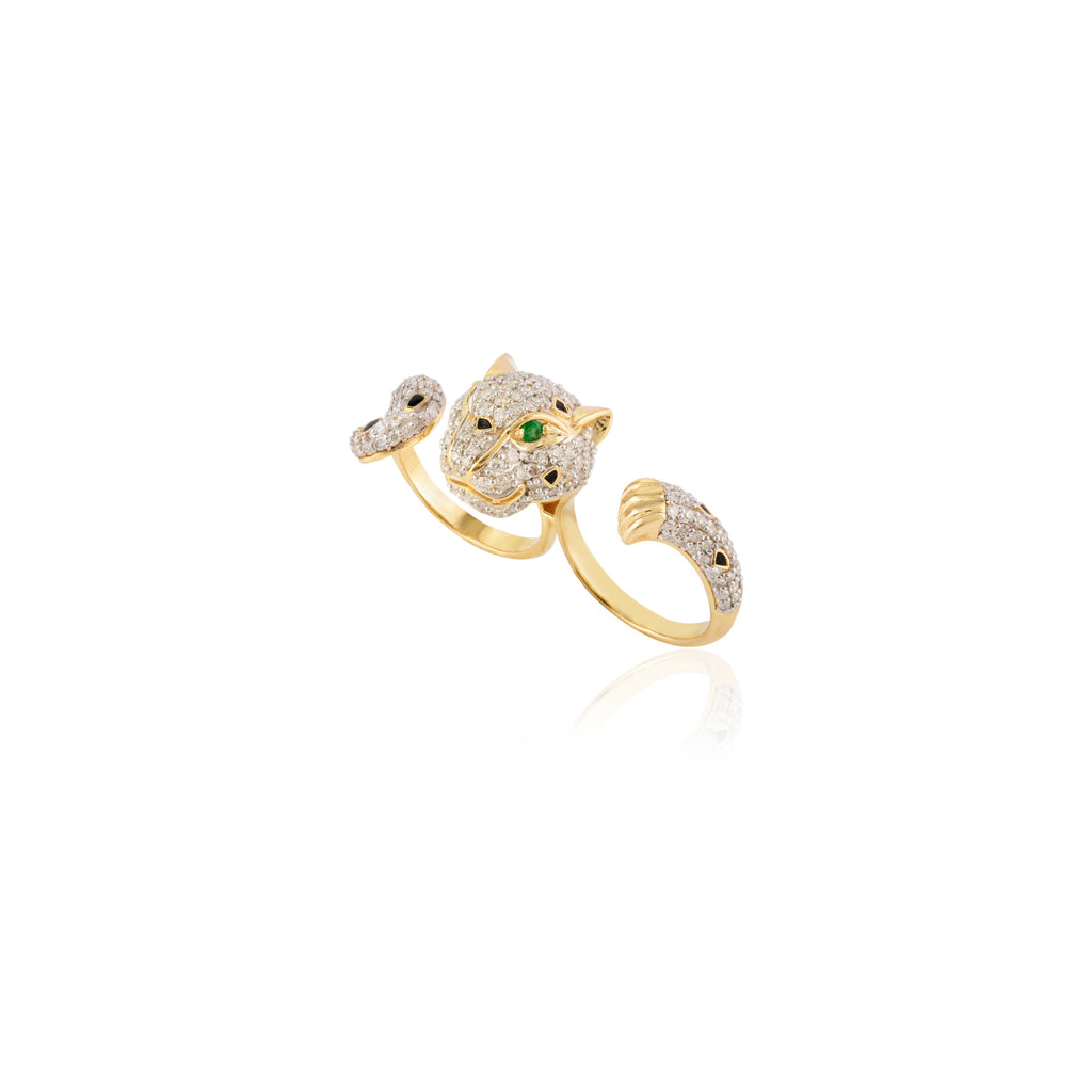 18K Solid Yellow Gold 2.06 Cts Diamond Panther Double Finger Ring Image