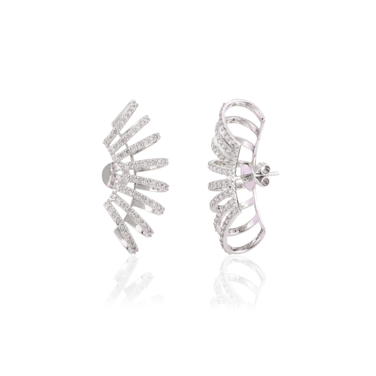 18K Solid White Gold Cocktail Climber Diamond Cuff Earrings