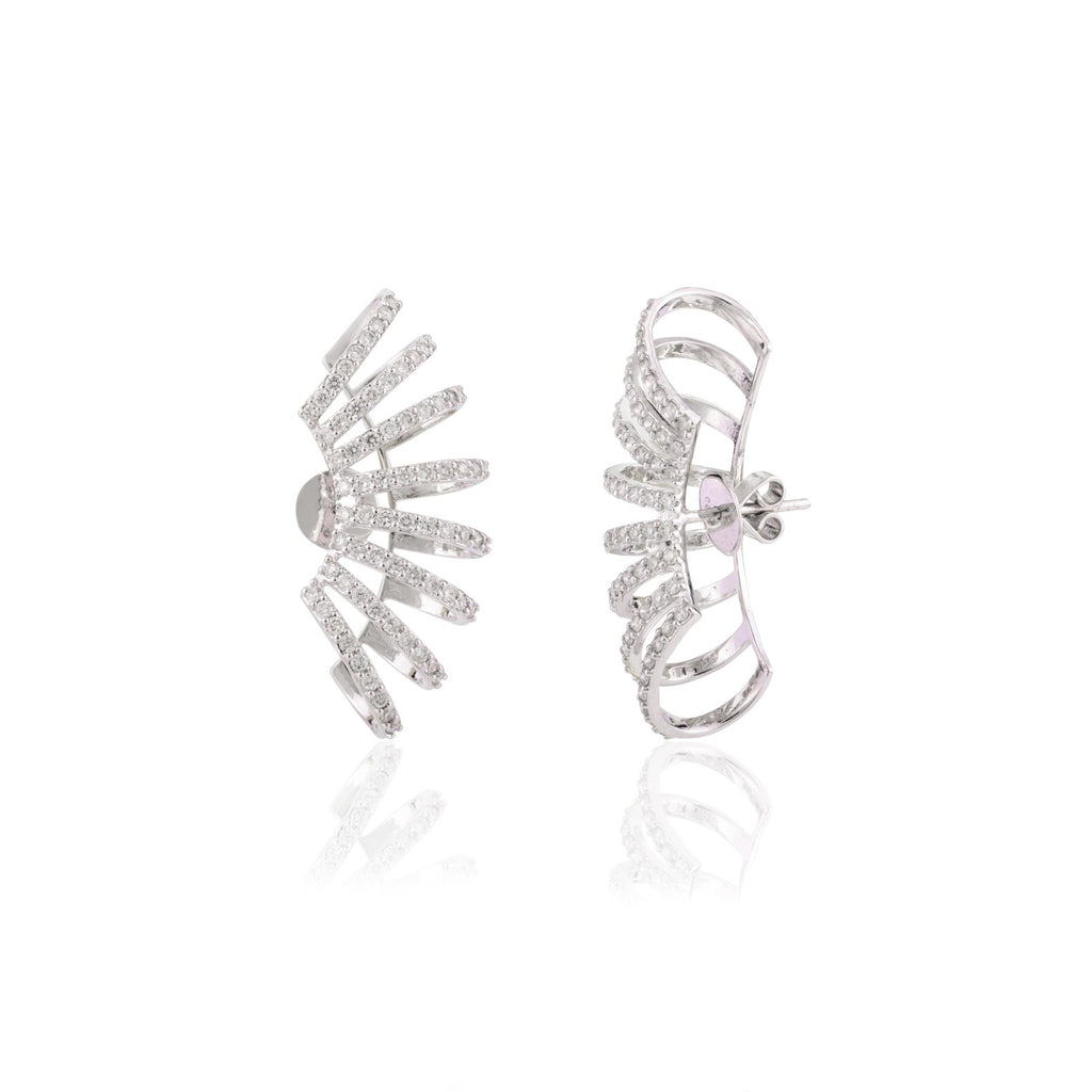 18K Solid White Gold Cocktail Climber Diamond Cuff Earrings Image