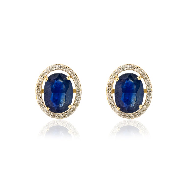 14K Solid Yellow Gold Blue Sapphire Halo Diamond Stud Earrings