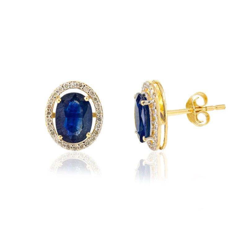 14K Solid Yellow Gold Blue Sapphire Halo Diamond Stud Earrings Image