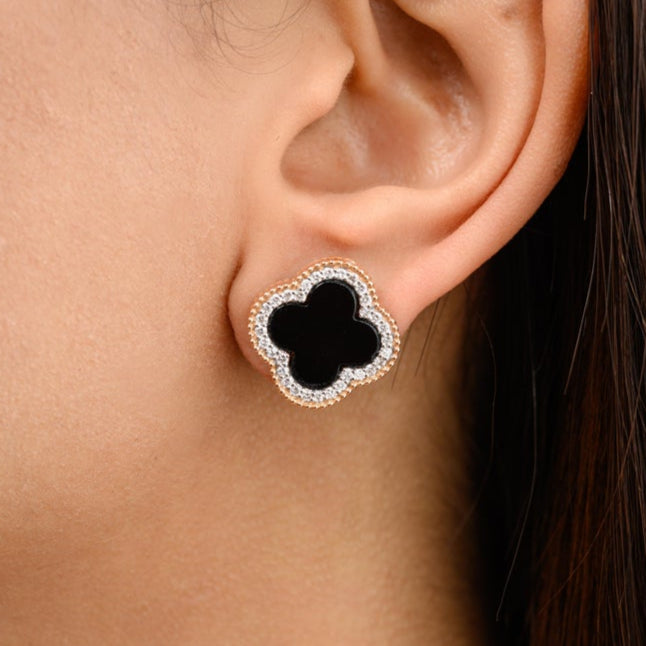 18K Rose Gold Black Onyx Clover Stud Earrings - vrjewels-us