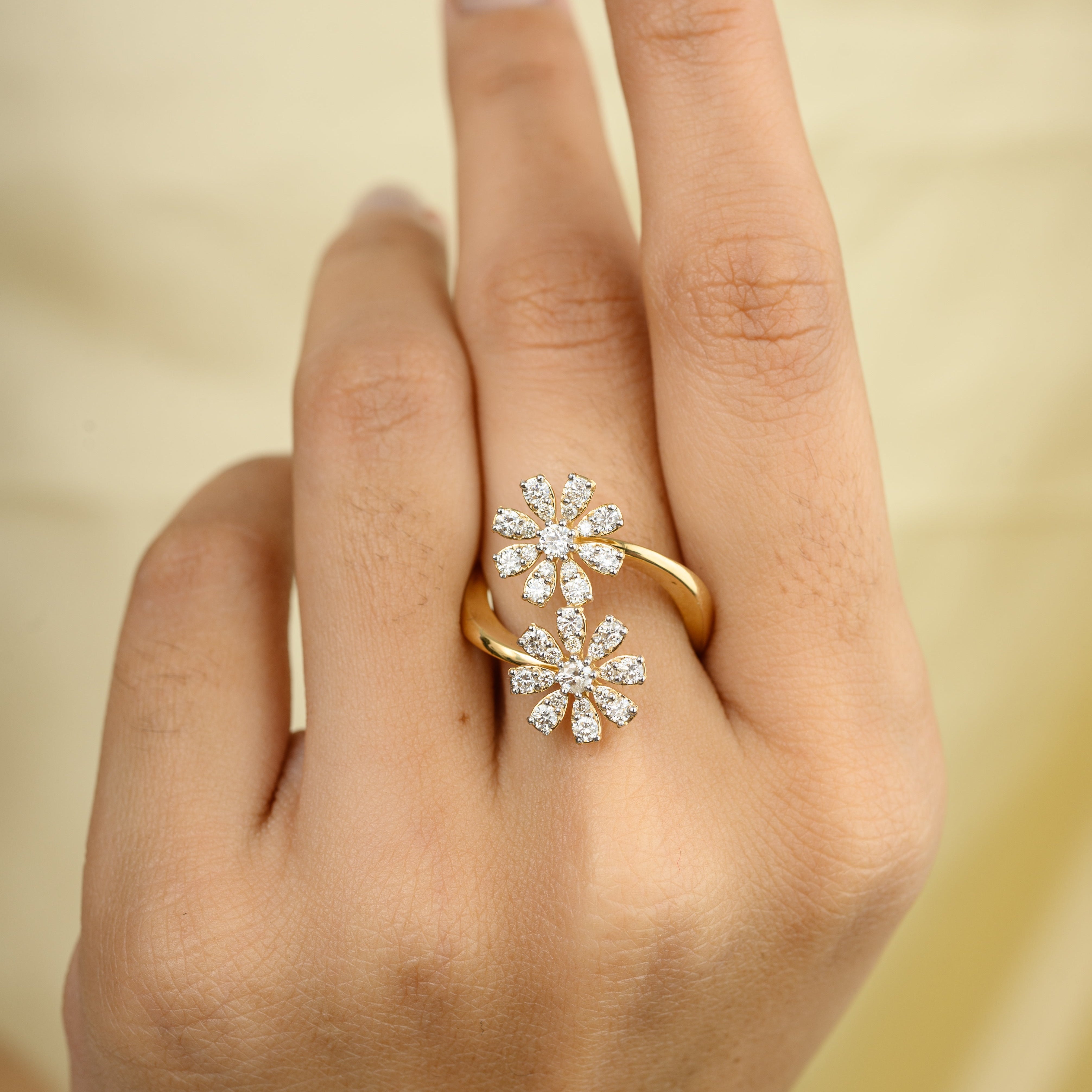 Diamond Flower By Pass Ring in 18k Yellow Gold - vrjewels-us