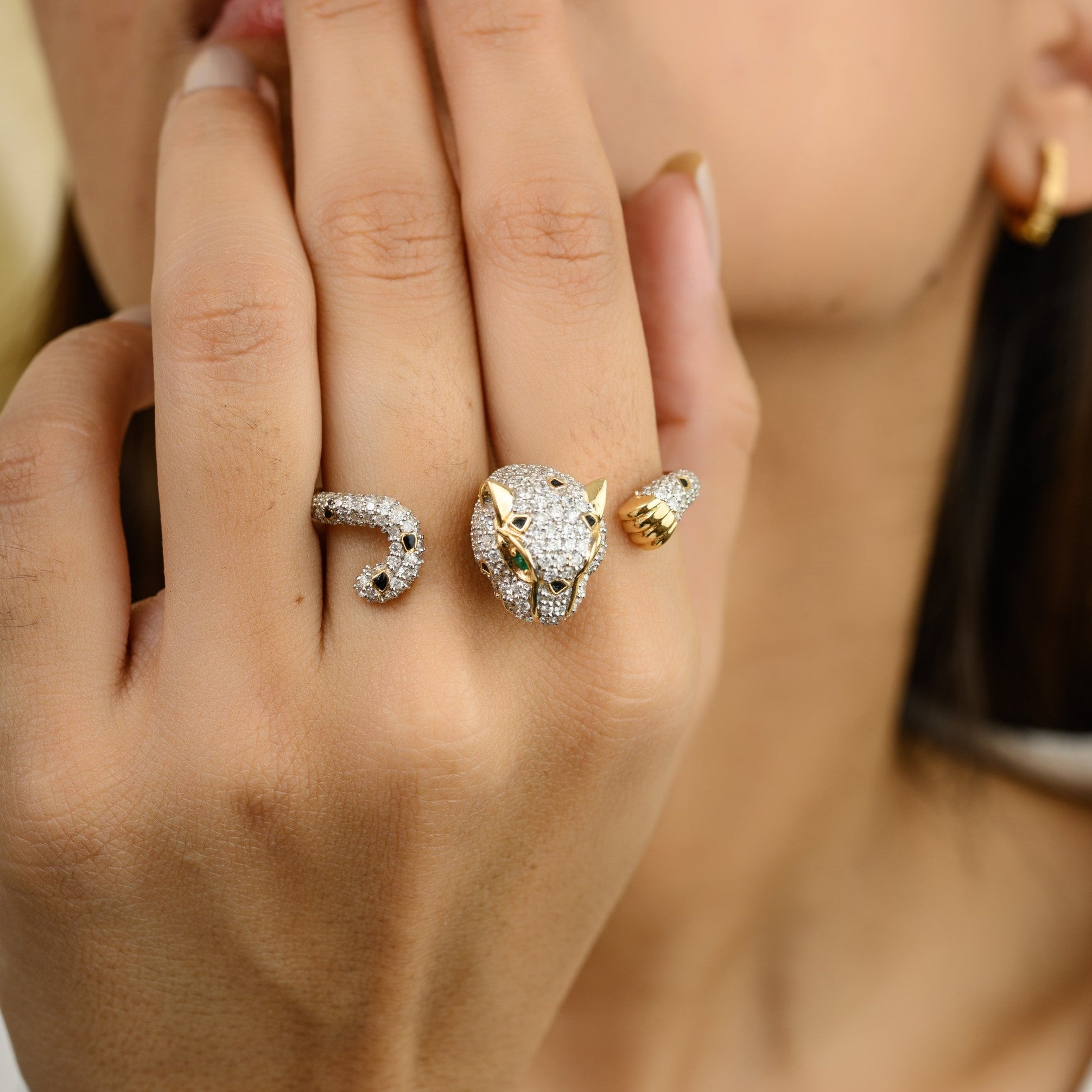 18K Solid Yellow Gold 2.06 Cts Diamond Panther Double Finger Ring - vrjewels-us