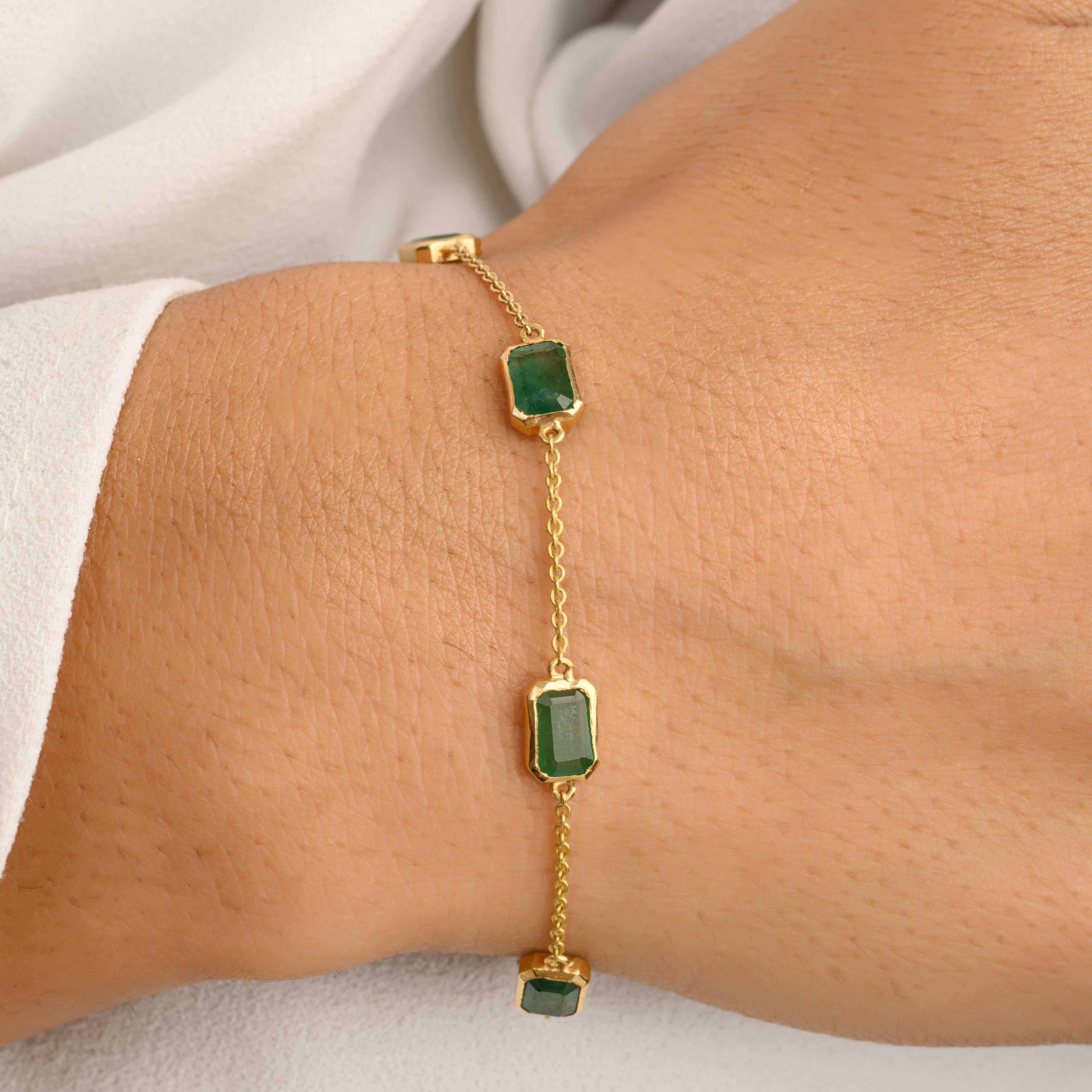 14K Solid Yellow Gold Emerald Chain Bracelet - vrjewels-us