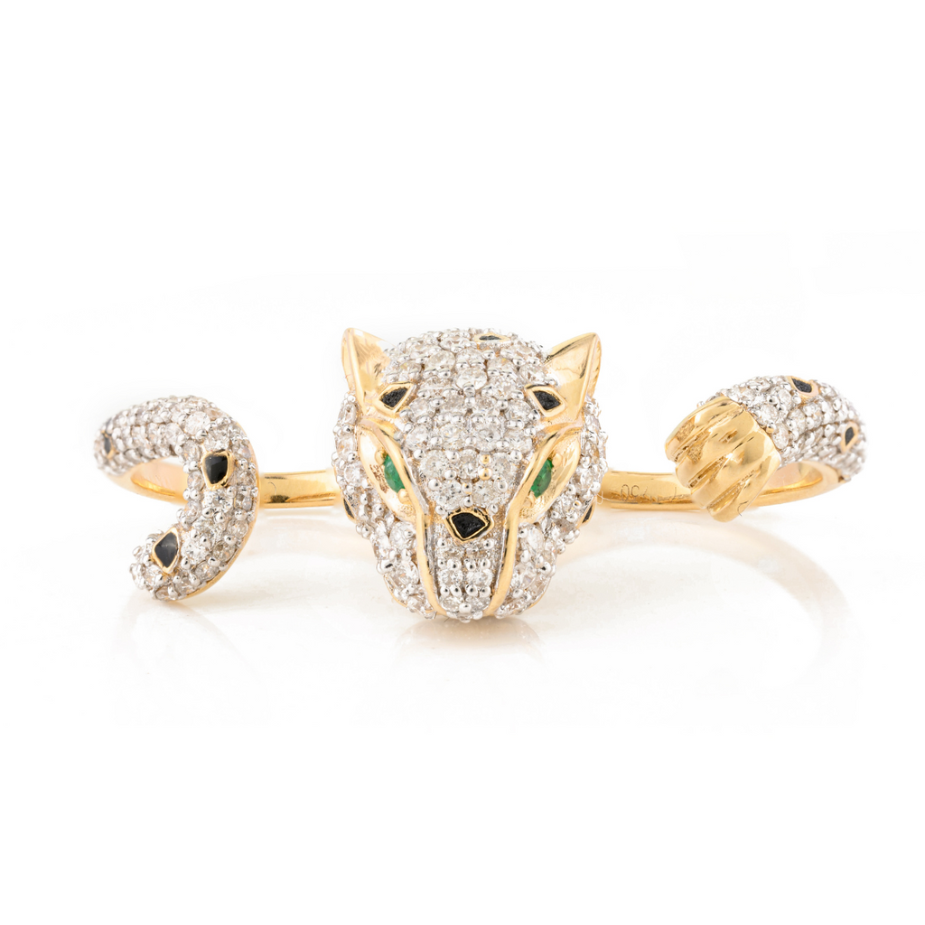 18K Solid Yellow Gold 2.06 Cts Diamond Panther Double Finger Ring Image