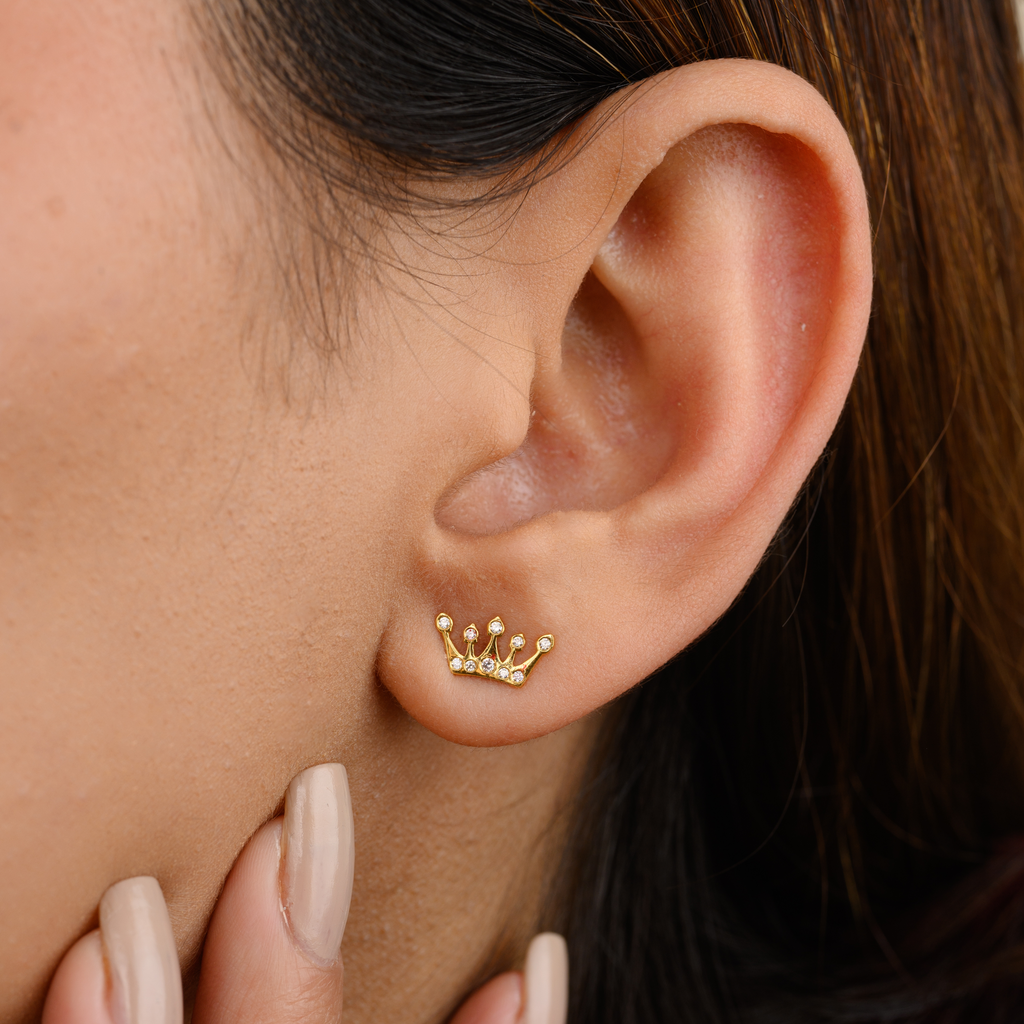 14K Gold Natural Diamond Crown Stud Earrings Image