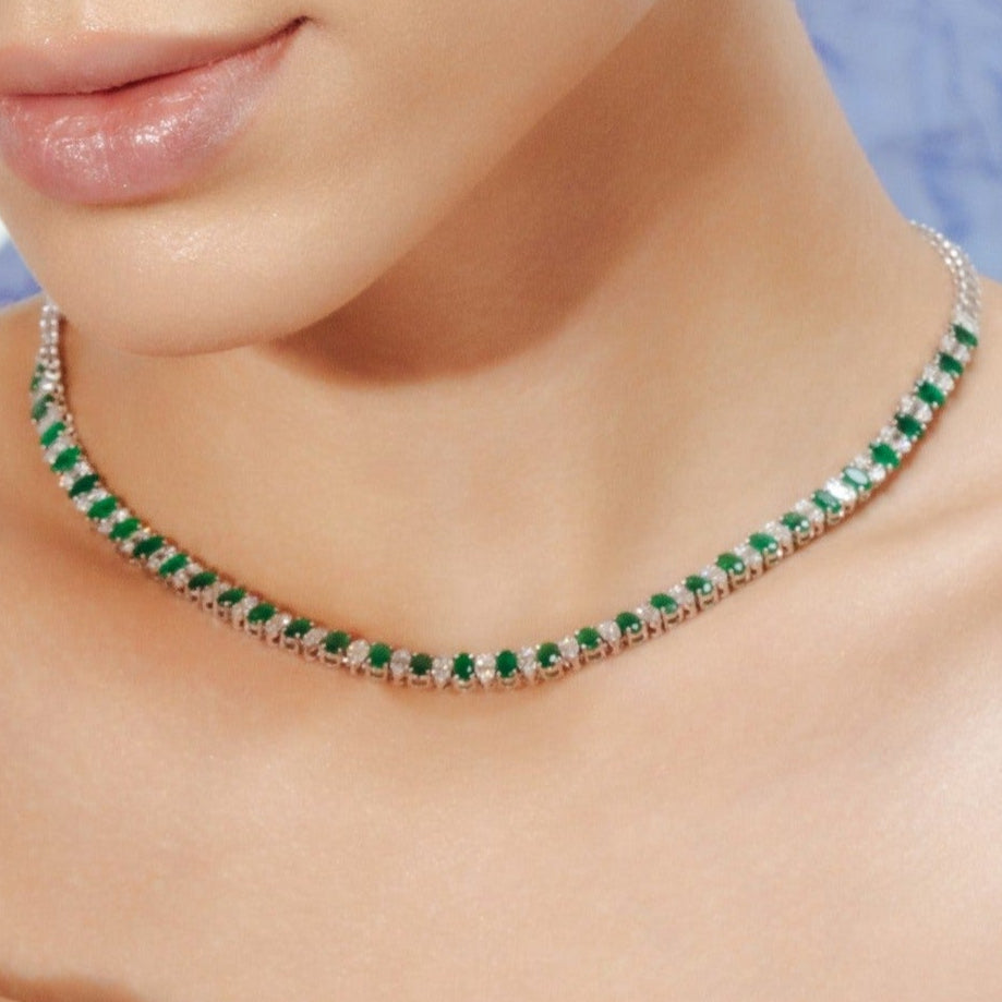 18K Gold Emerald & Diamond Tennis Necklace - vrjewels-us