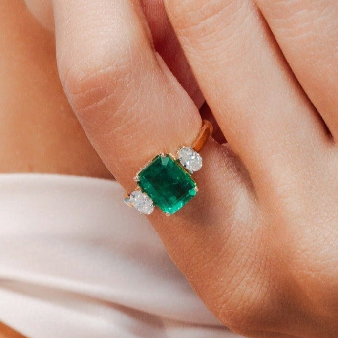 18K Gold Emerald Diamond Three Stone Ring - vrjewels-us