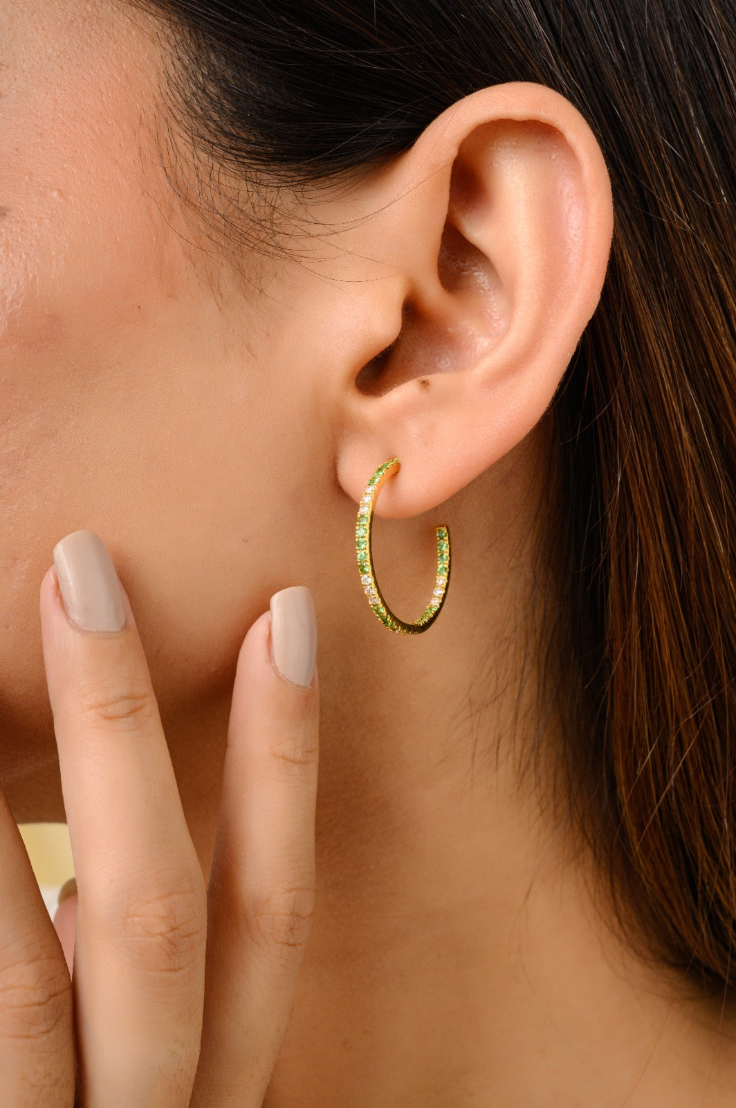 18K Solid Yellow Gold Tsavorite C-Hoop Earrings