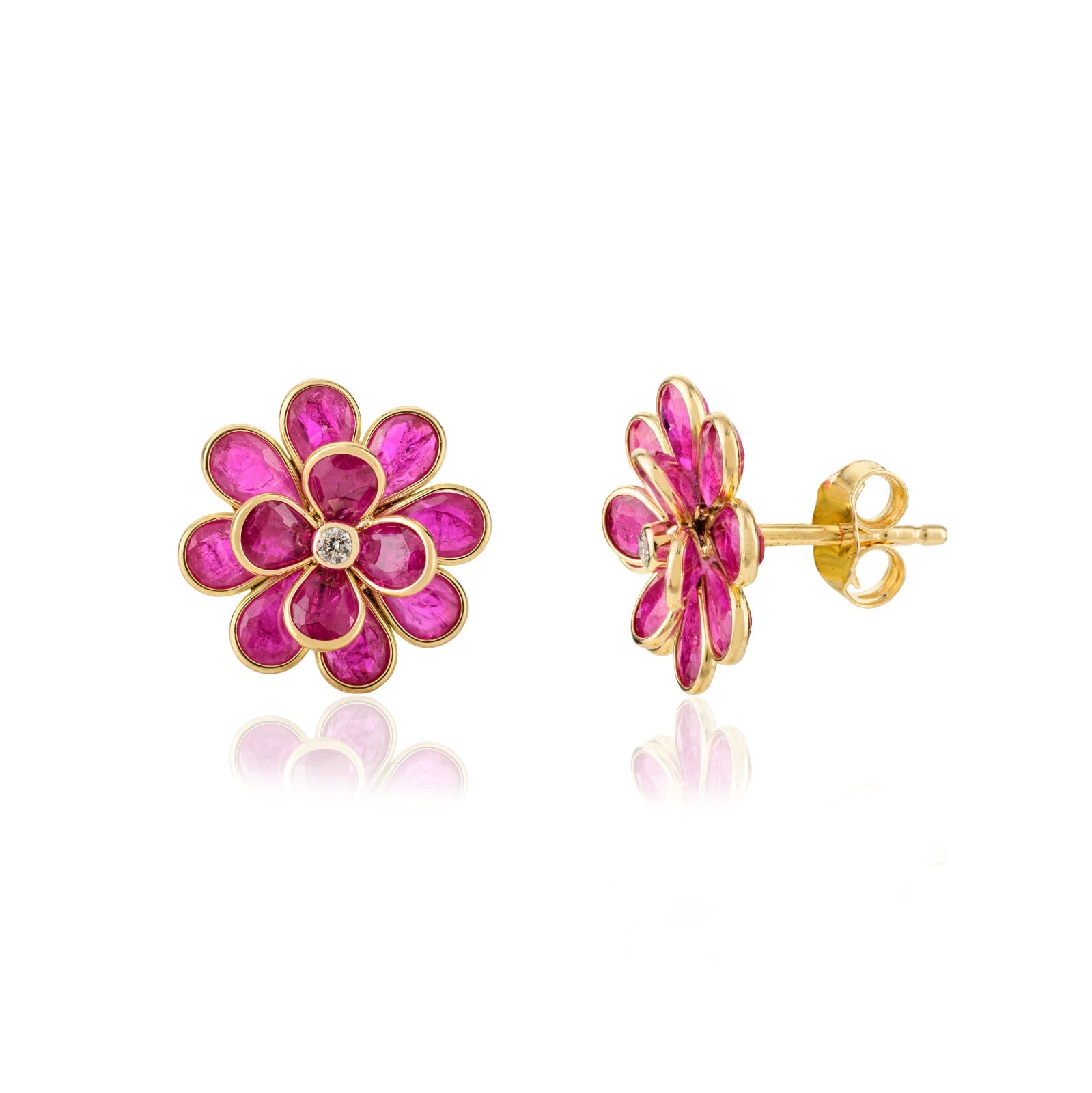 18K Solid Yellow Gold Ruby Floral Stud