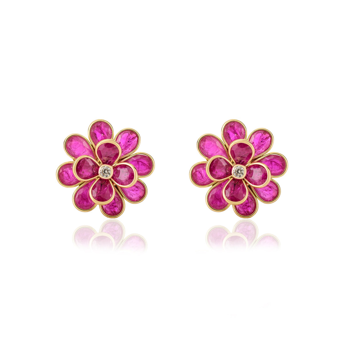 18K Solid Yellow Gold Ruby Floral Stud