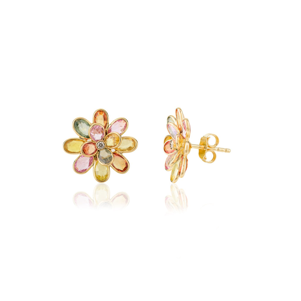 18K Solid Yellow Gold Multi Sapphire Floral Stud Image