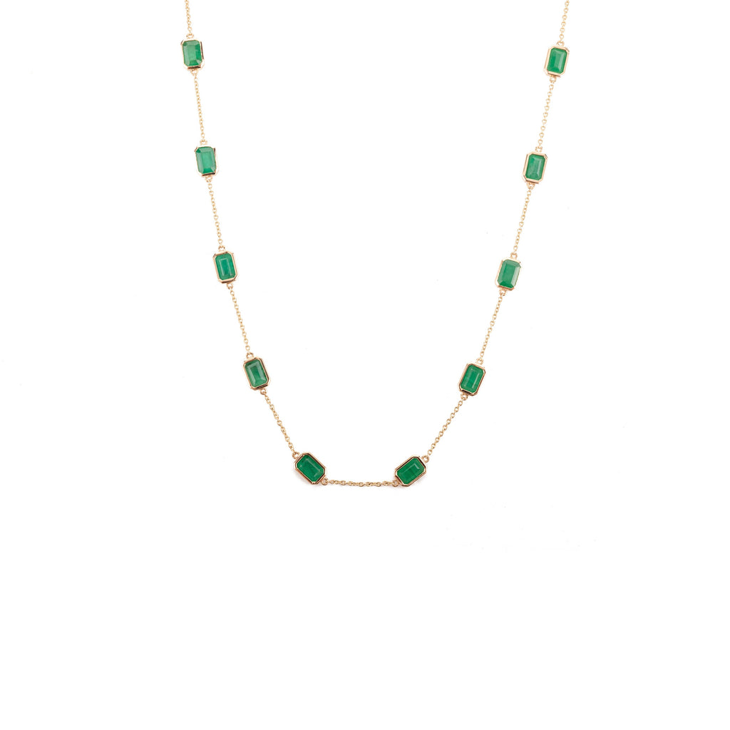 14K Solid Yellow Gold Emerald Station Chain Necklace Image