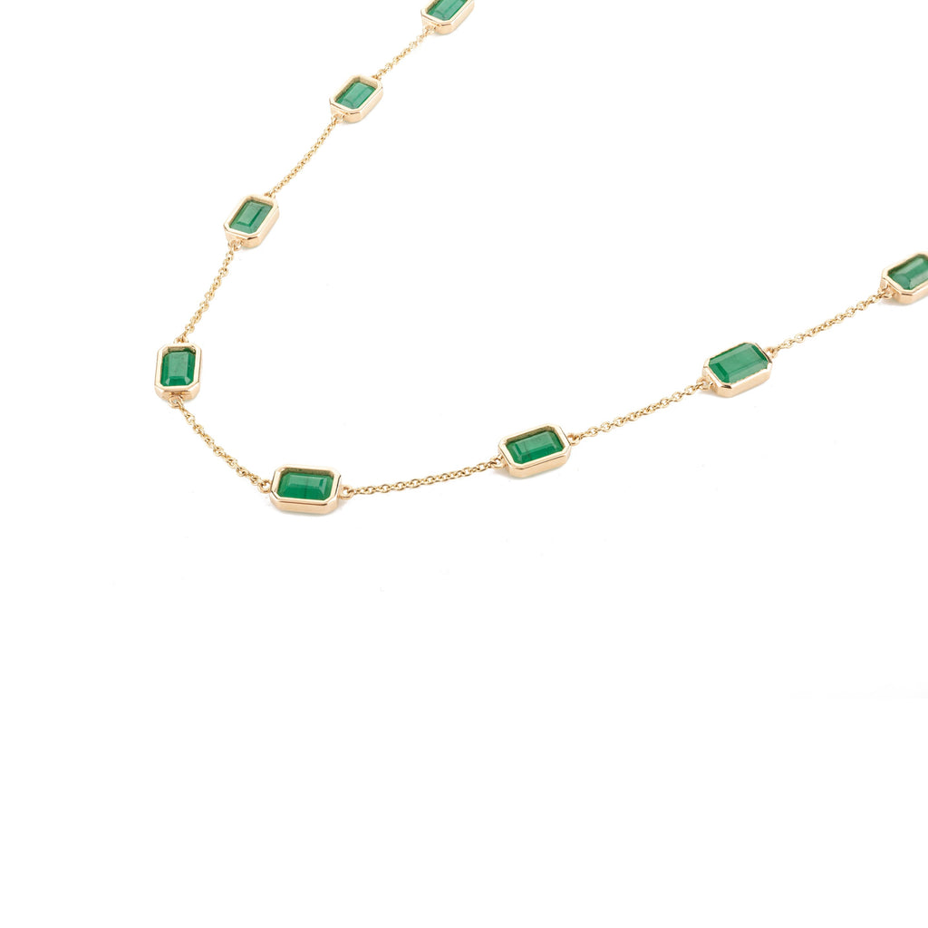 14K Solid Yellow Gold Emerald Station Chain Necklace Image