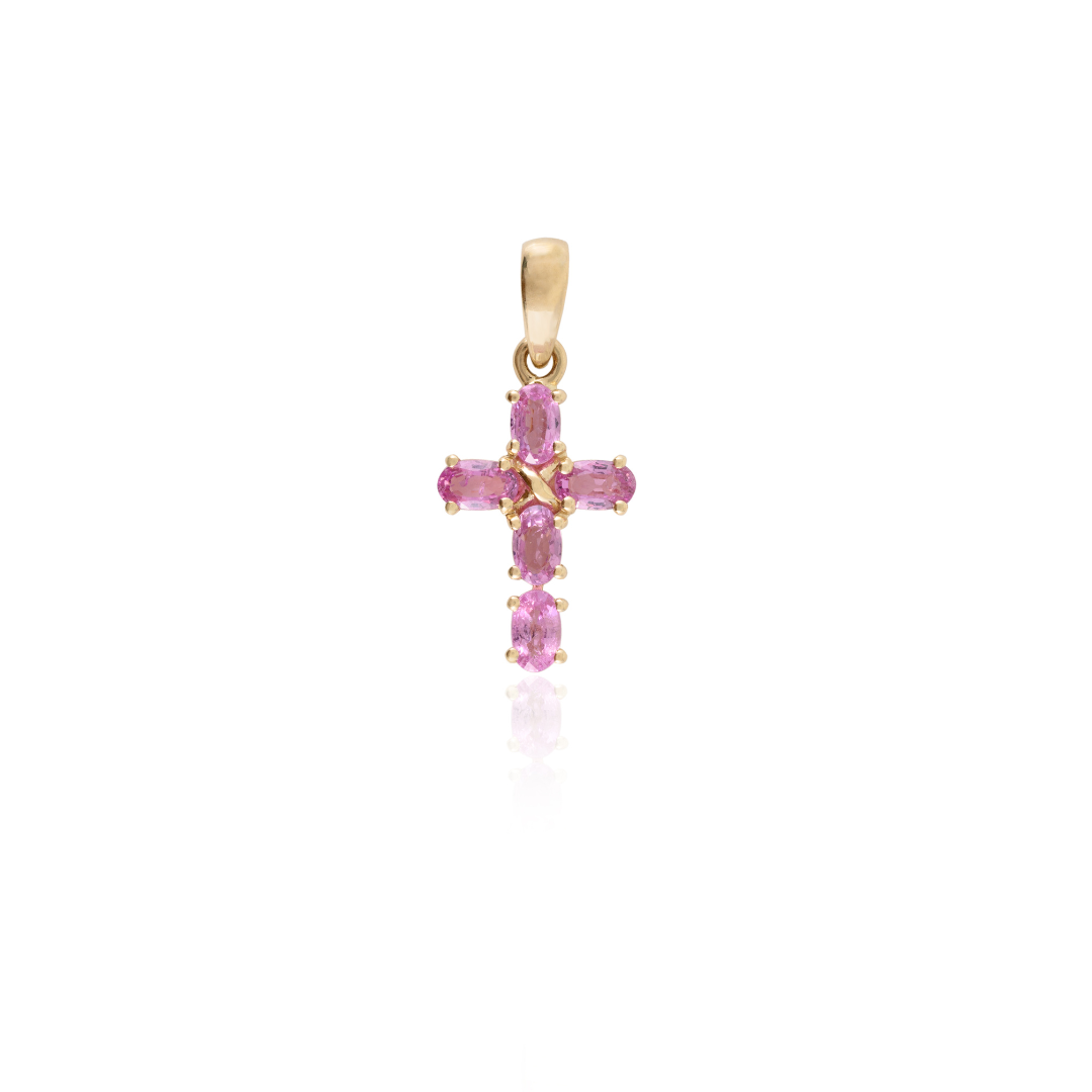 14K Gold Pink Sapphire Cross Pendant