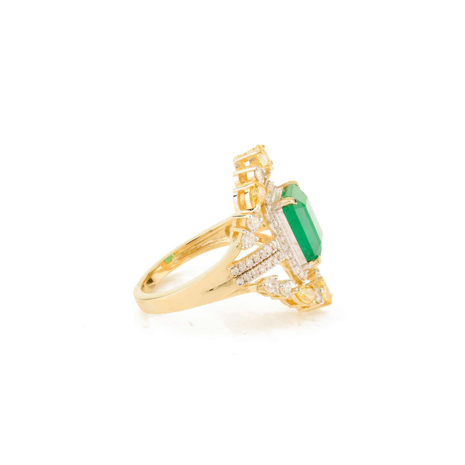 14K Solid Yellow Gold Emerald Diamond Modern Ring