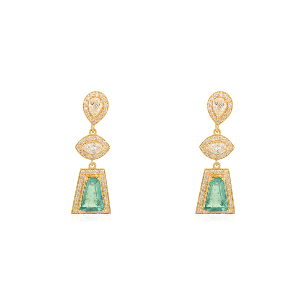 18k Yellow Gold Emerald & Diamond Geometric Drop Earrings Image
