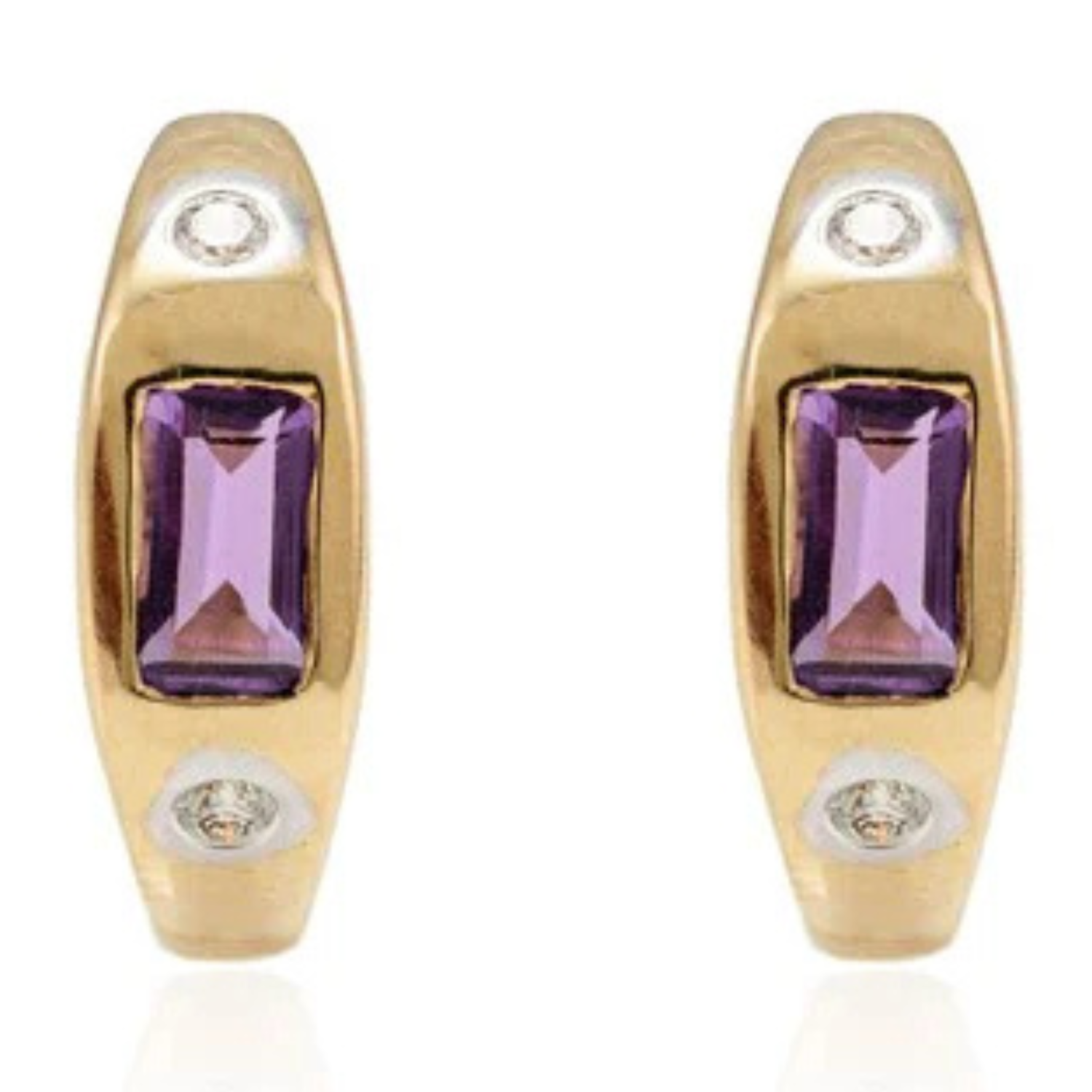 14K Yellow Gold Amethyst Diamond Hoop Earrings