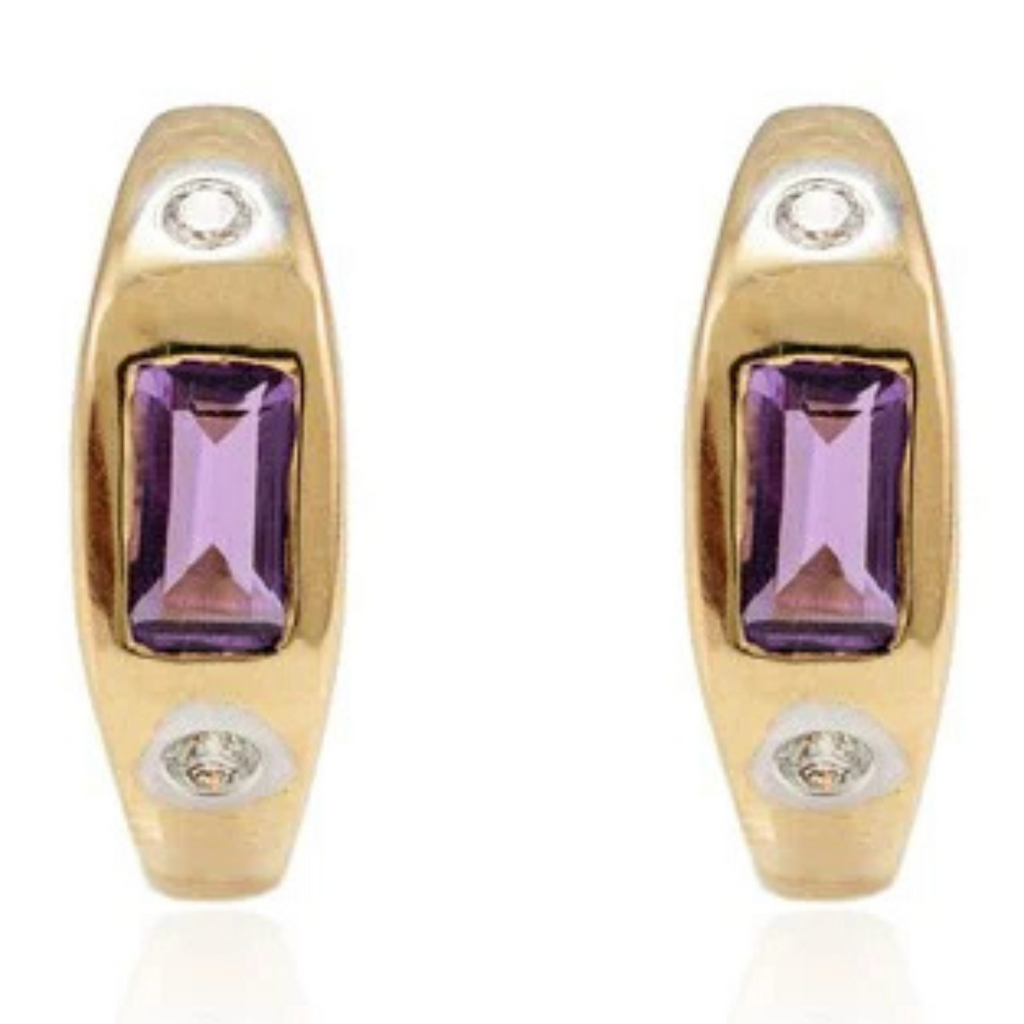 14K Yellow Gold Amethyst Diamond Hoop Earrings Image