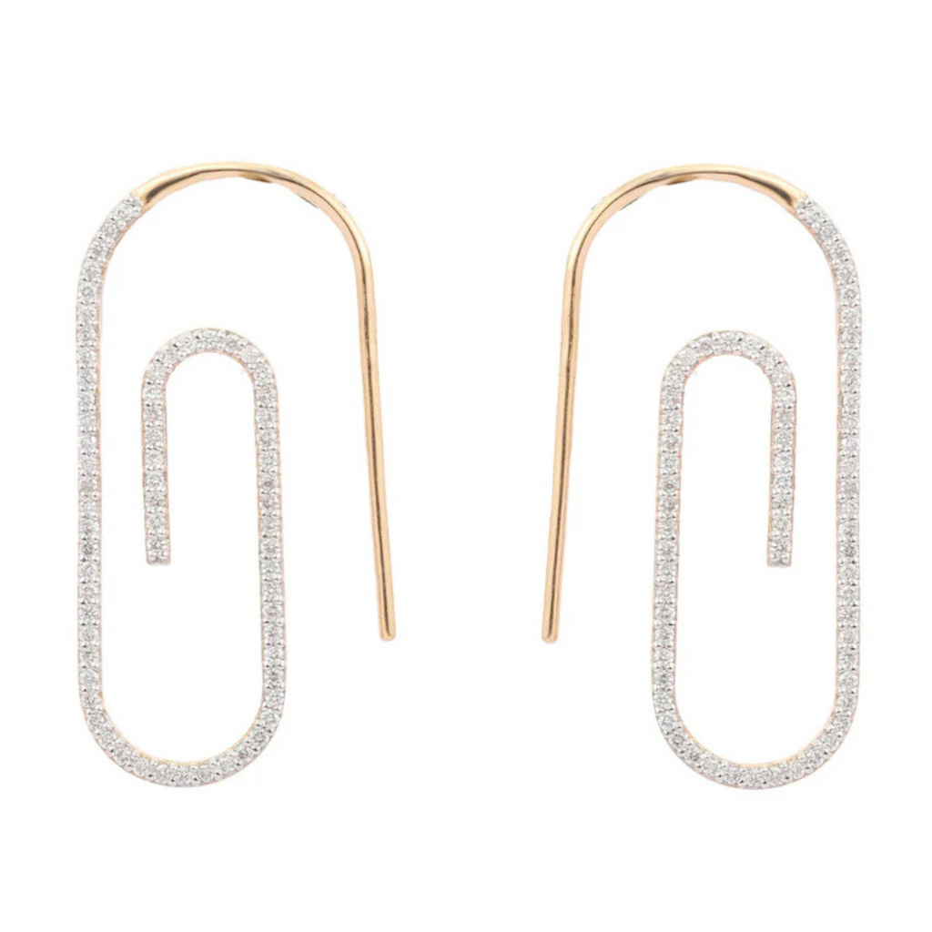 14K Gold Paper Clip Diamond Earrings Image