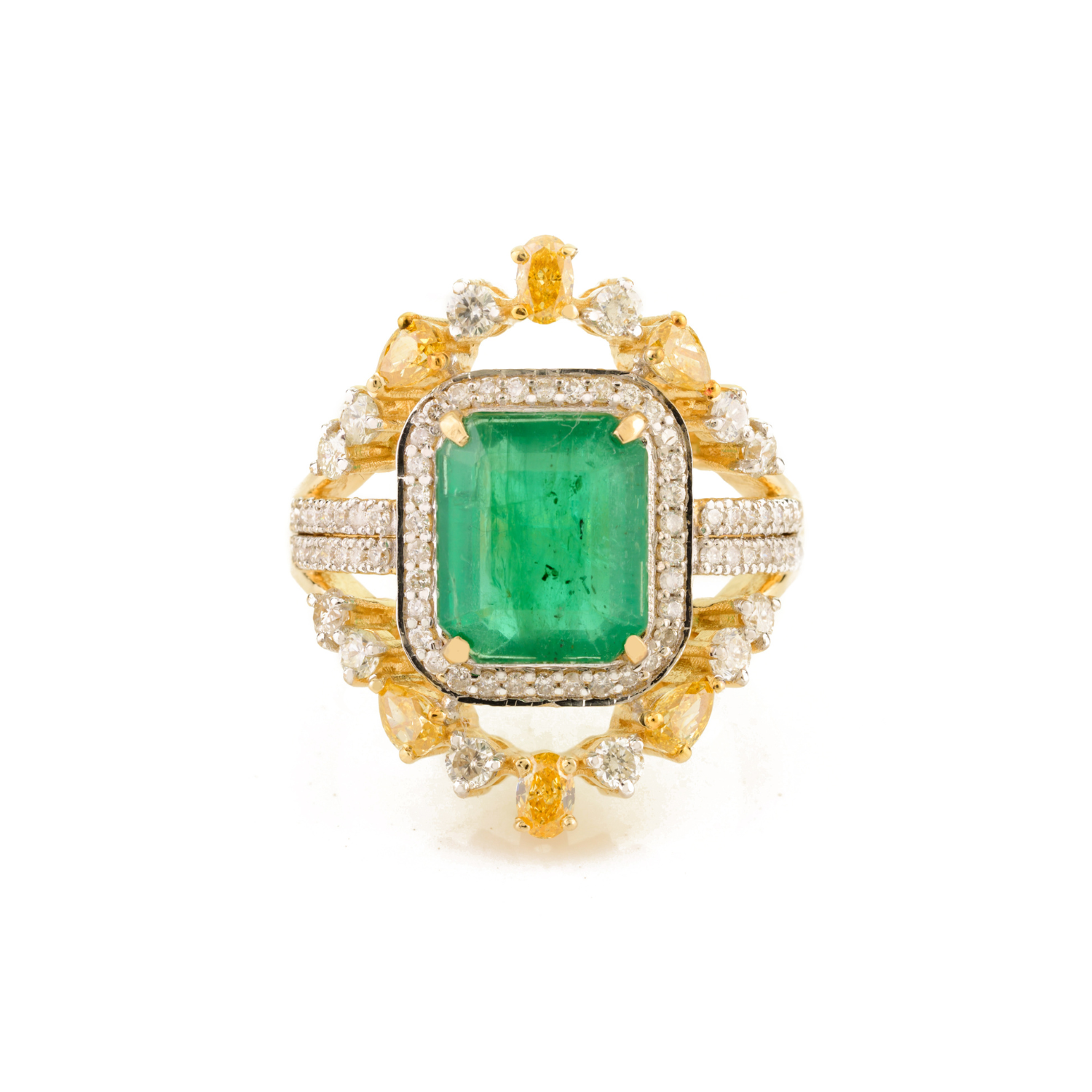 14K Solid Yellow Gold Emerald Diamond Modern Ring