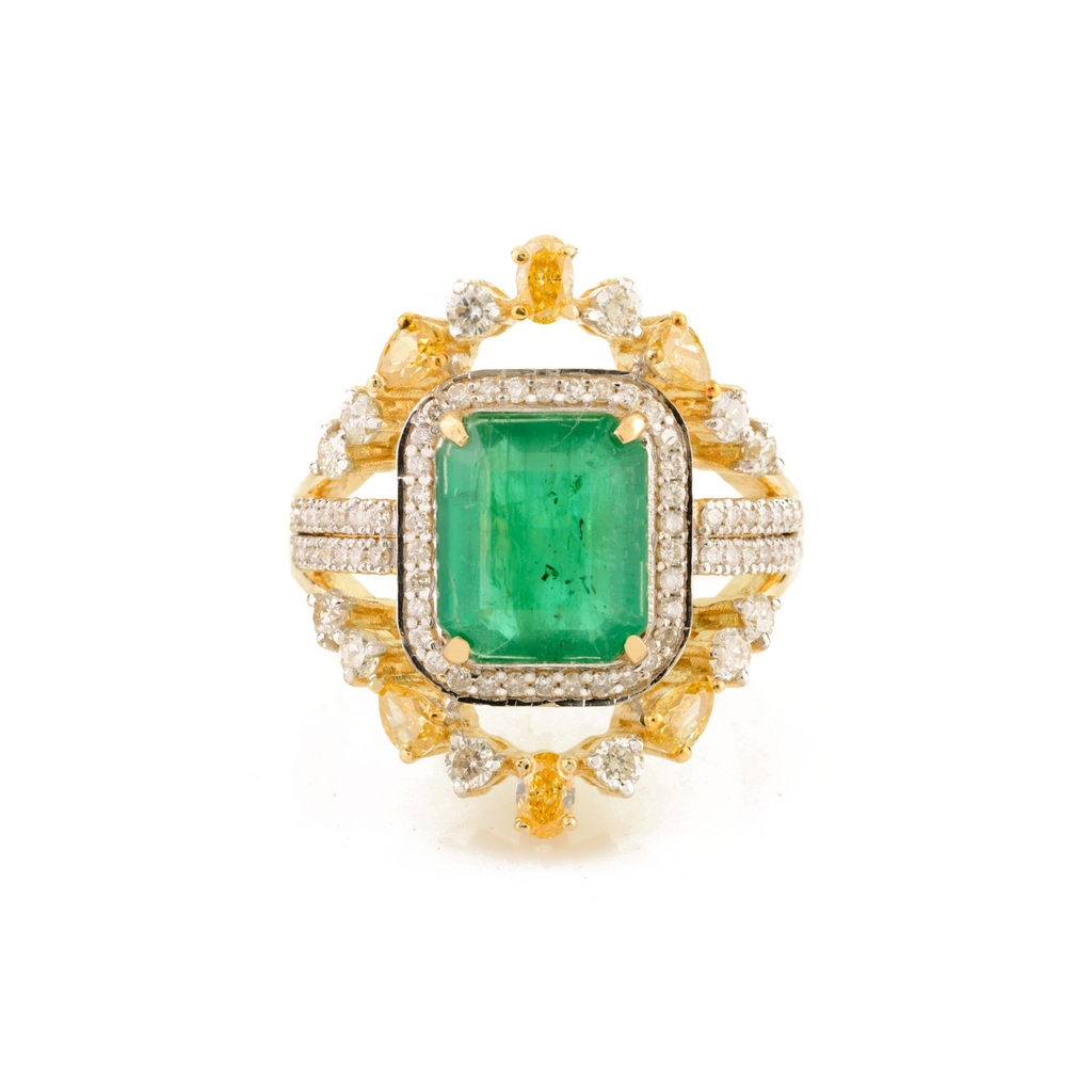 14K Solid Yellow Gold Emerald Diamond Modern Ring Image