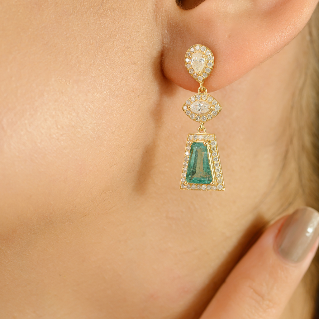 18k Yellow Gold Emerald & Diamond Geometric Drop Earrings Image