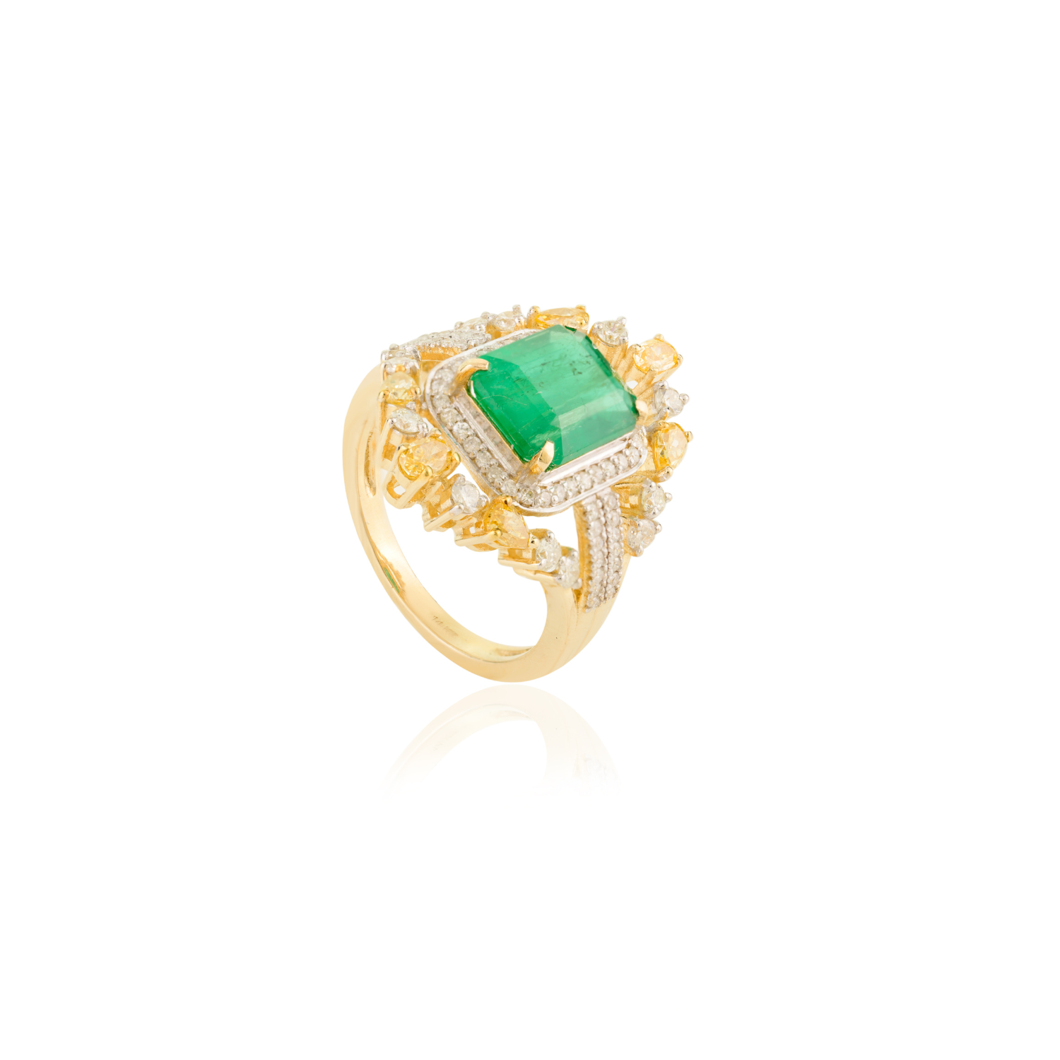 14K Solid Yellow Gold Emerald Diamond Modern Ring