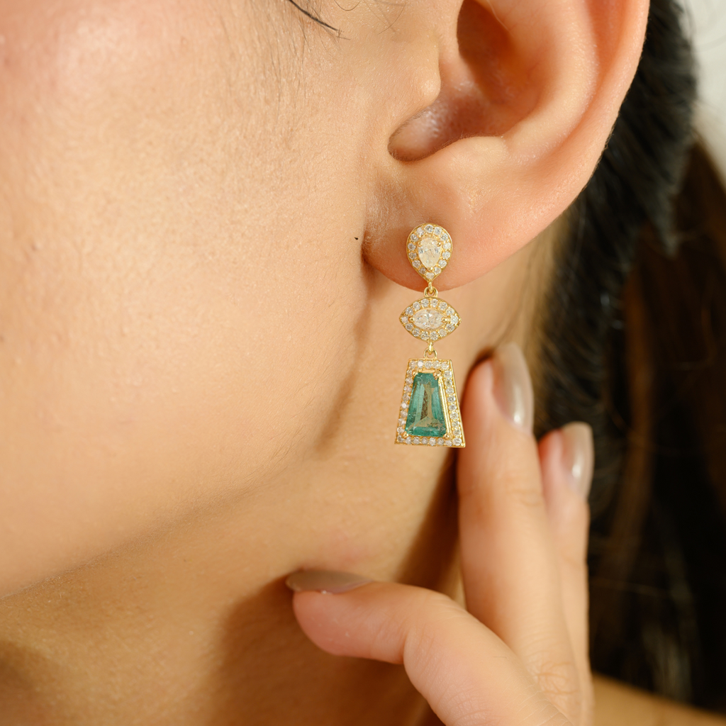 18k Yellow Gold Emerald & Diamond Geometric Drop Earrings Image