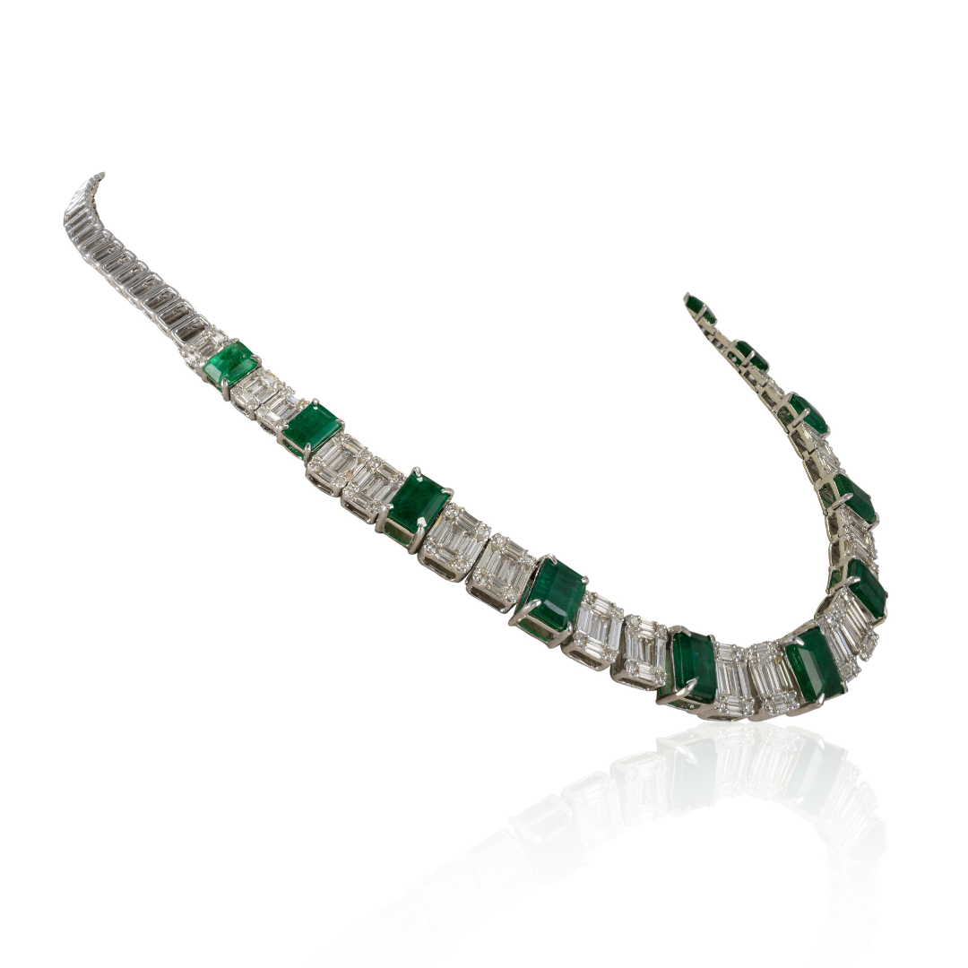 18K Gold Emerald & Diamond Tennis Necklace