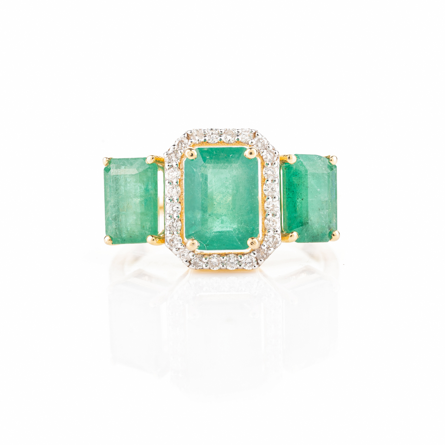 18K Gold Three Stone Emerald Diamond Ring - vrjewels-us