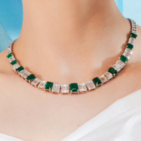 18K Gold Emerald & Diamond Tennis Necklace - vrjewels-us