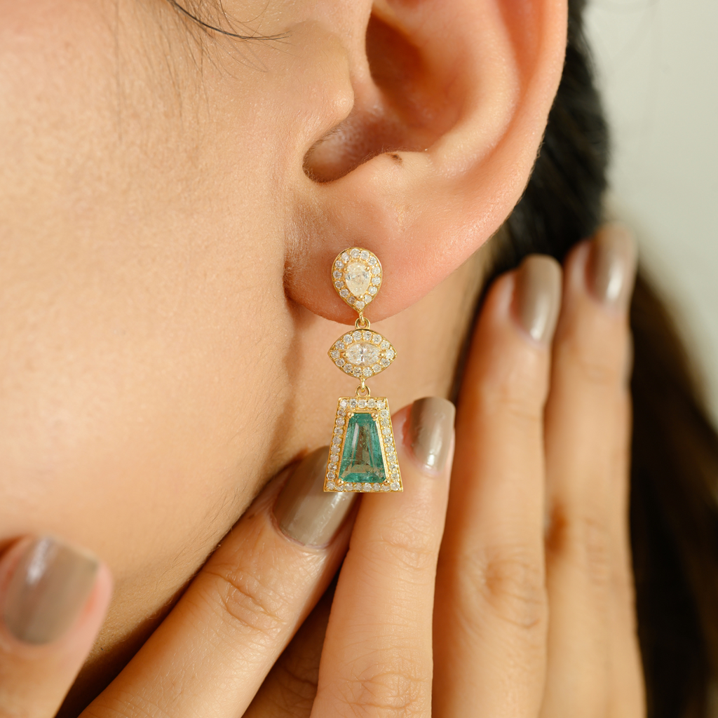 18k Yellow Gold Emerald & Diamond Geometric Drop Earrings Image