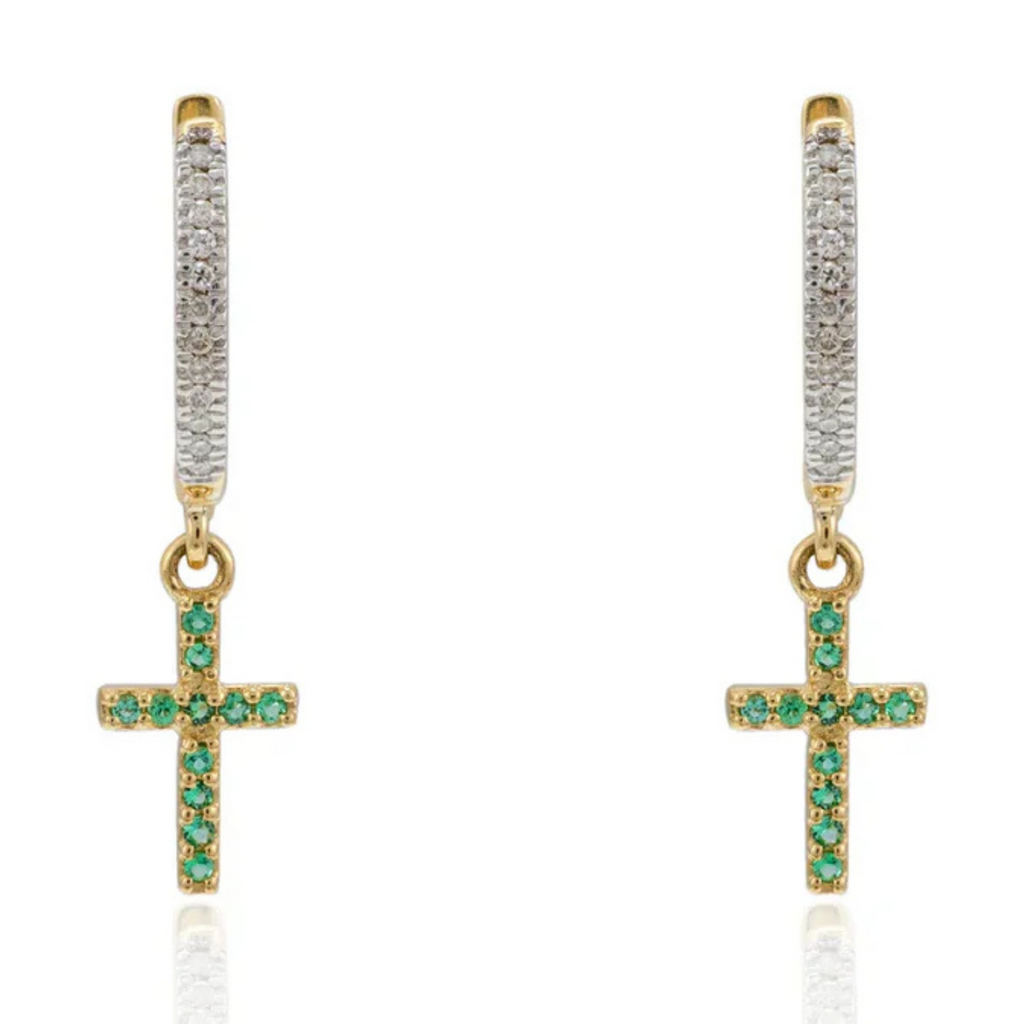 18K Gold Dangle Charm Cross Shaped Hoop Earrings Image