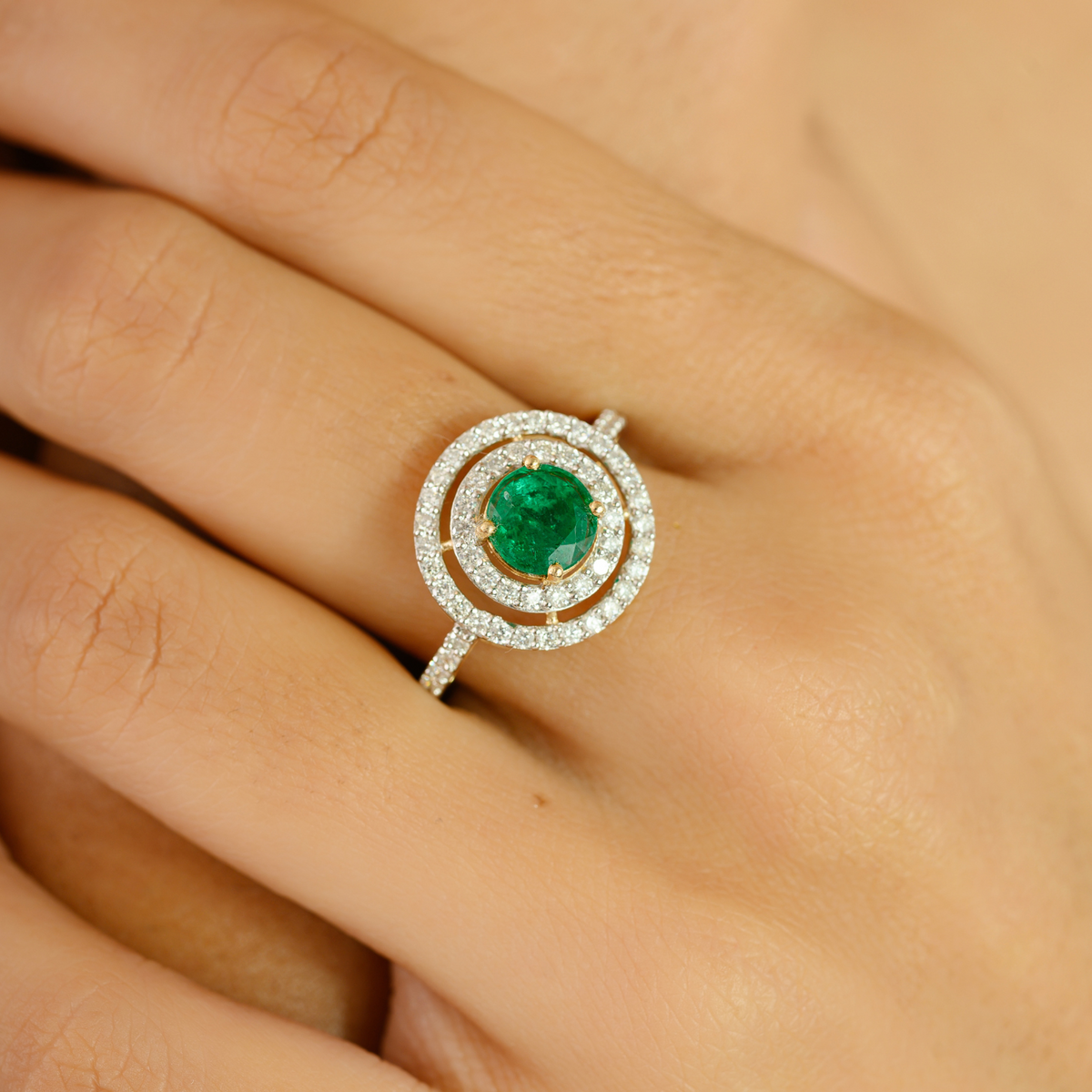 18K Yellow Gold Emerald Double Halo Diamond Ring