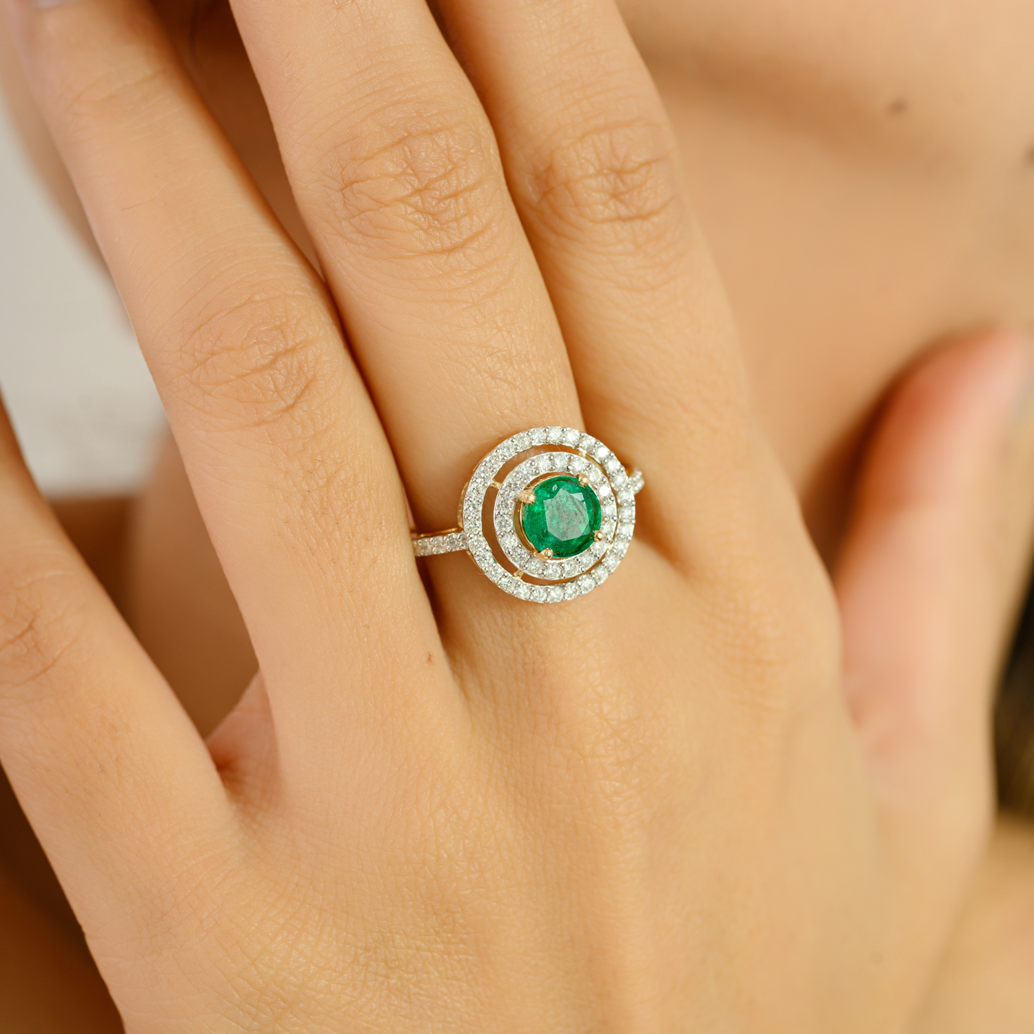 18K Yellow Gold Emerald Double Halo Diamond Ring